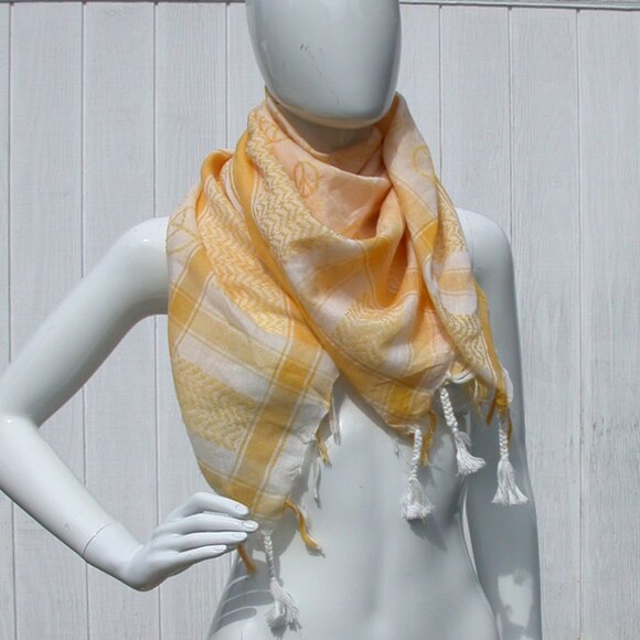 Yellow & White Shemagh Palestine Peace Sign Keffiyah Scarf Cotton - Picture 2 of 3